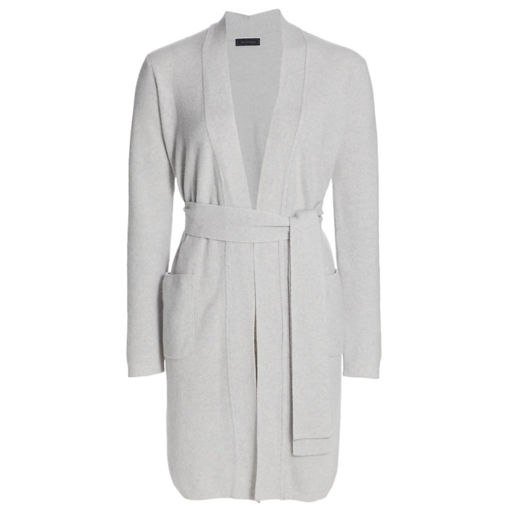 NWT SAKS Classic Long Belted Sweater Luxurious Soft Cashmere/Wool Grey Medium